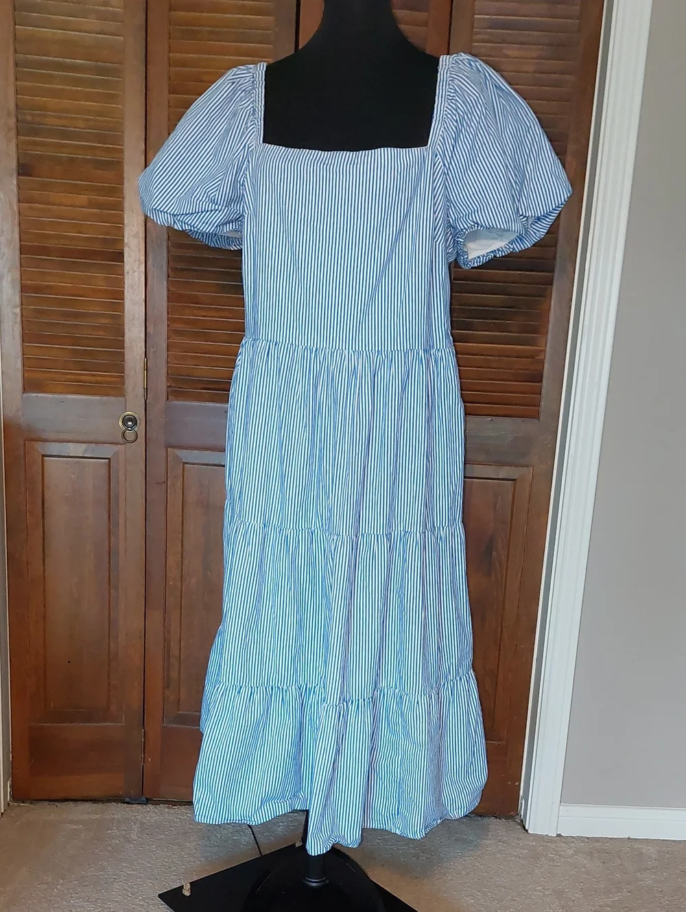 J.Crew Blue White Striped Tiered Puff Sleeve Midi Dress Sz 18